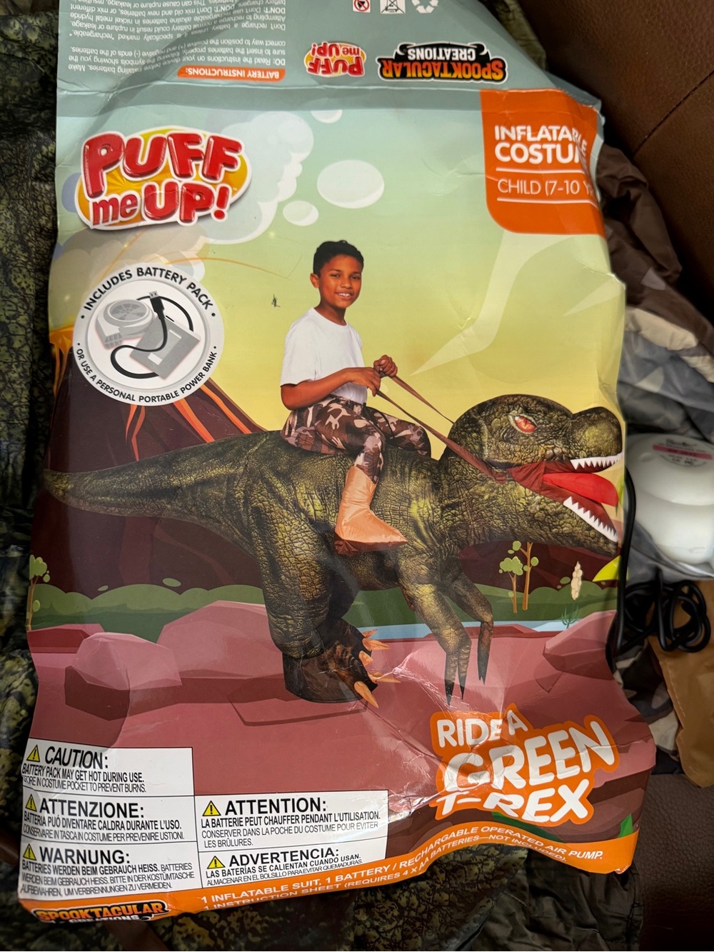 Ride a Green T-Rex Inflatable Halloween Costume Dinosaur Puff me Up Child 7-10